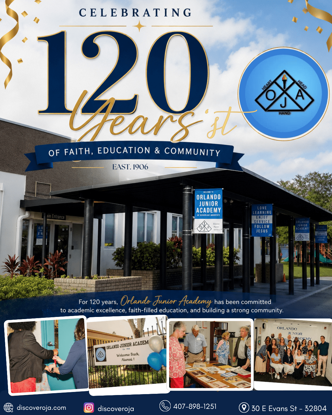 Front-facing celebration poster for 120 years of Orlando Junior Academy, with large blue and gold '120 Years' text, blue ribbon banner, and sky background, plus school entrance and promotional banners at the bottom.