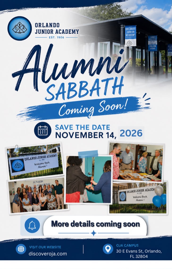 Promotional poster for Orlando Junior Academy Alumni Sabbath—Coming Soon; Save the Date November 14, 2026.